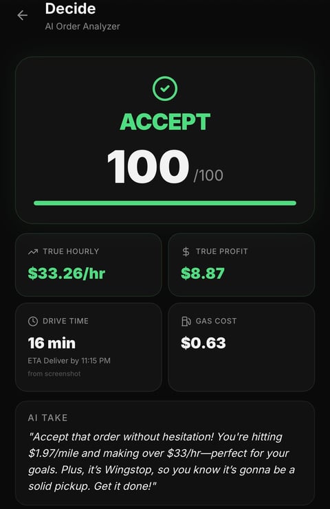 AI Order Analyzer showing ACCEPT decision with 100/100 Cherry Score